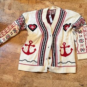Anthropologie Cream and Red Patterned Cardigan